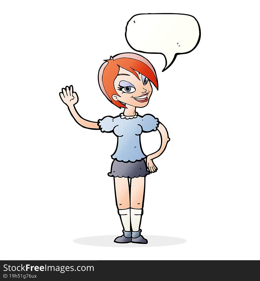 Cartoon Waving Woman With Speech Bubble