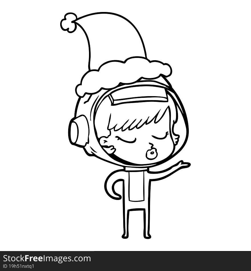 line drawing of a pretty astronaut girl wearing santa hat