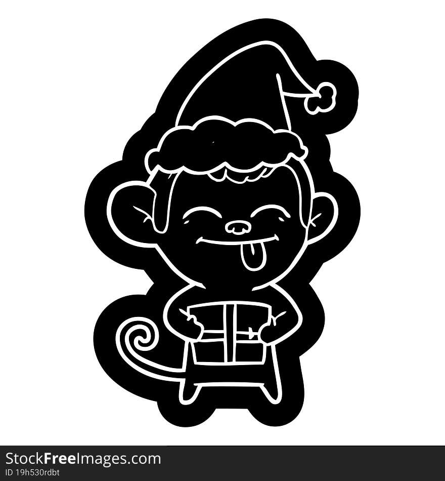 funny cartoon icon of a monkey with christmas present wearing santa hat