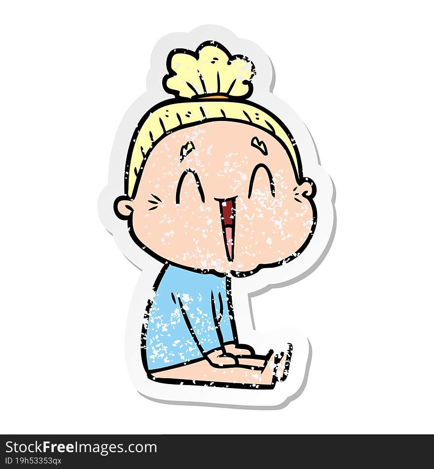 distressed sticker of a cartoon happy old lady