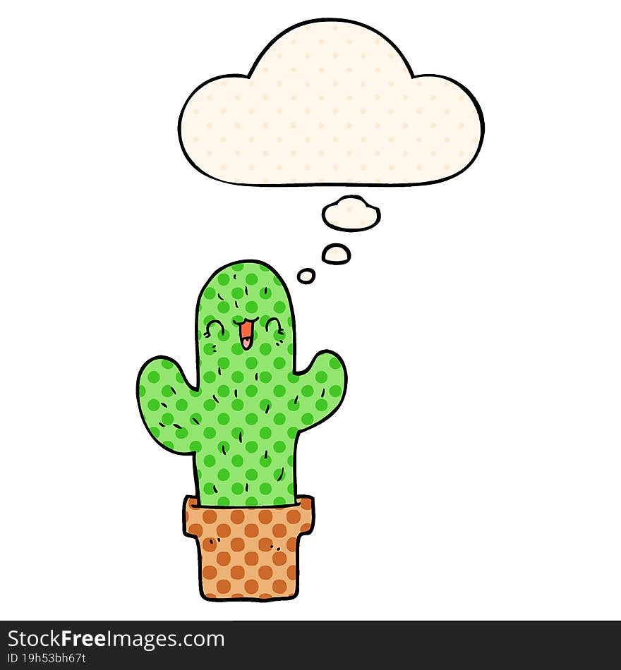 cartoon cactus and thought bubble in comic book style