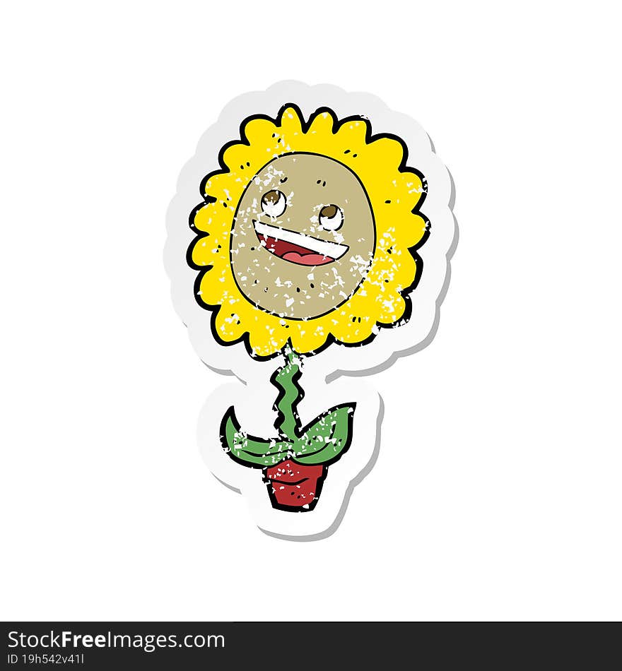 retro distressed sticker of a cartoon happy sunflower