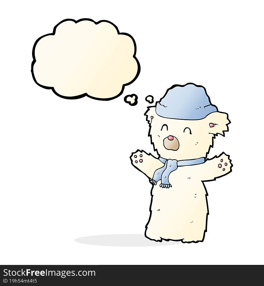 cartoon cute polar bear in hat and scarf with thought bubble