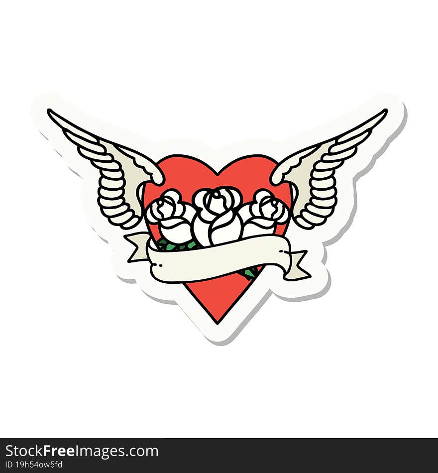 tattoo style sticker of a heart with wings flowers and banner