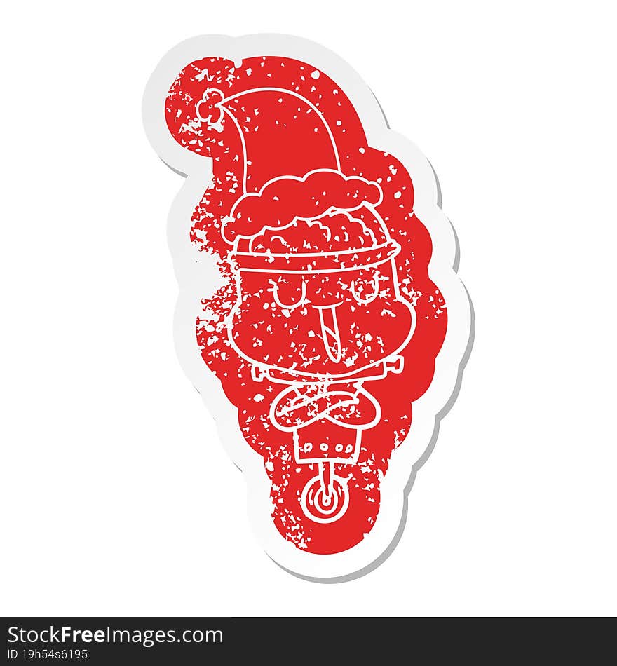 happy quirky cartoon distressed sticker of a robot wearing santa hat