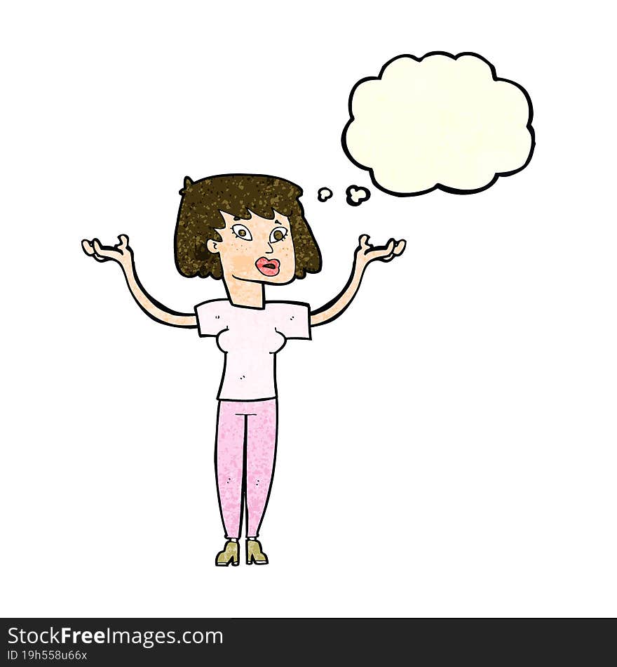 cartoon woman holding up hands with thought bubble