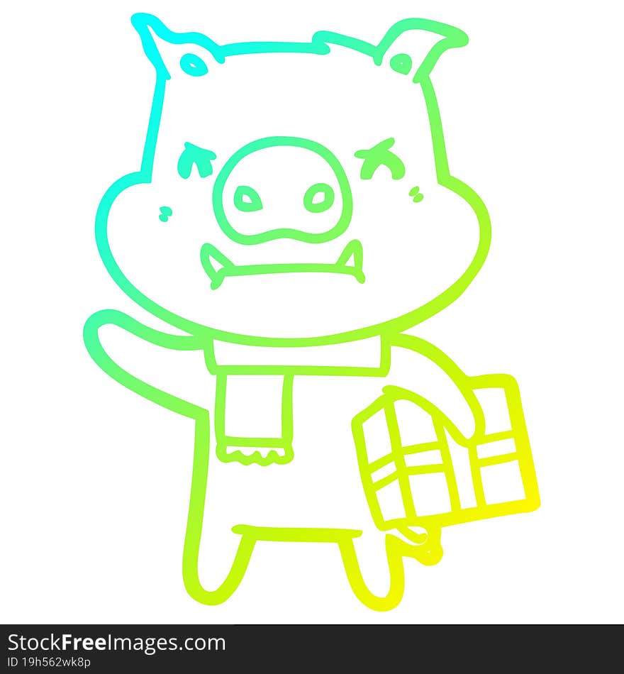 Cold Gradient Line Drawing Angry Cartoon Pig With Christmas Gift