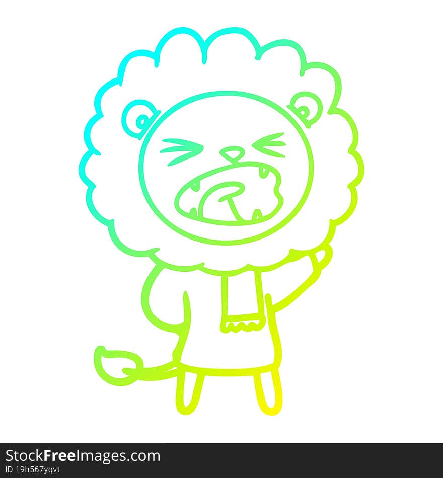 cold gradient line drawing cartoon lion in winter clothes