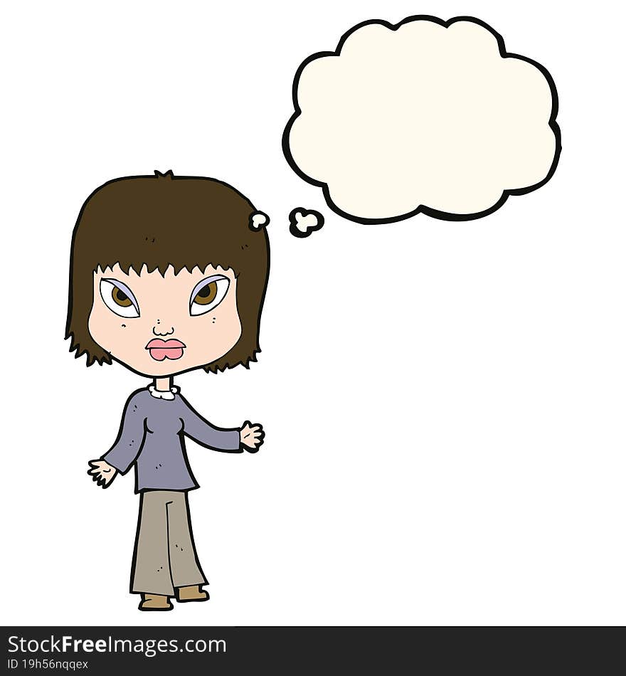 cartoon woman with open arms with thought bubble