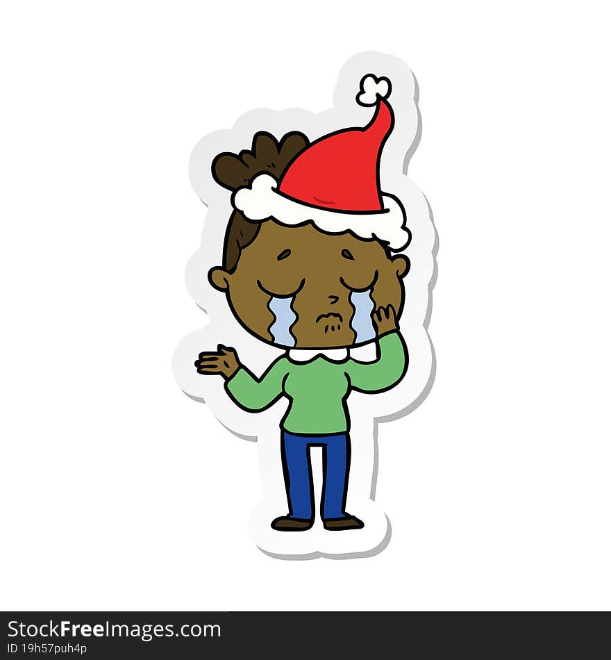 Sticker Cartoon Of A Crying Woman Wearing Santa Hat