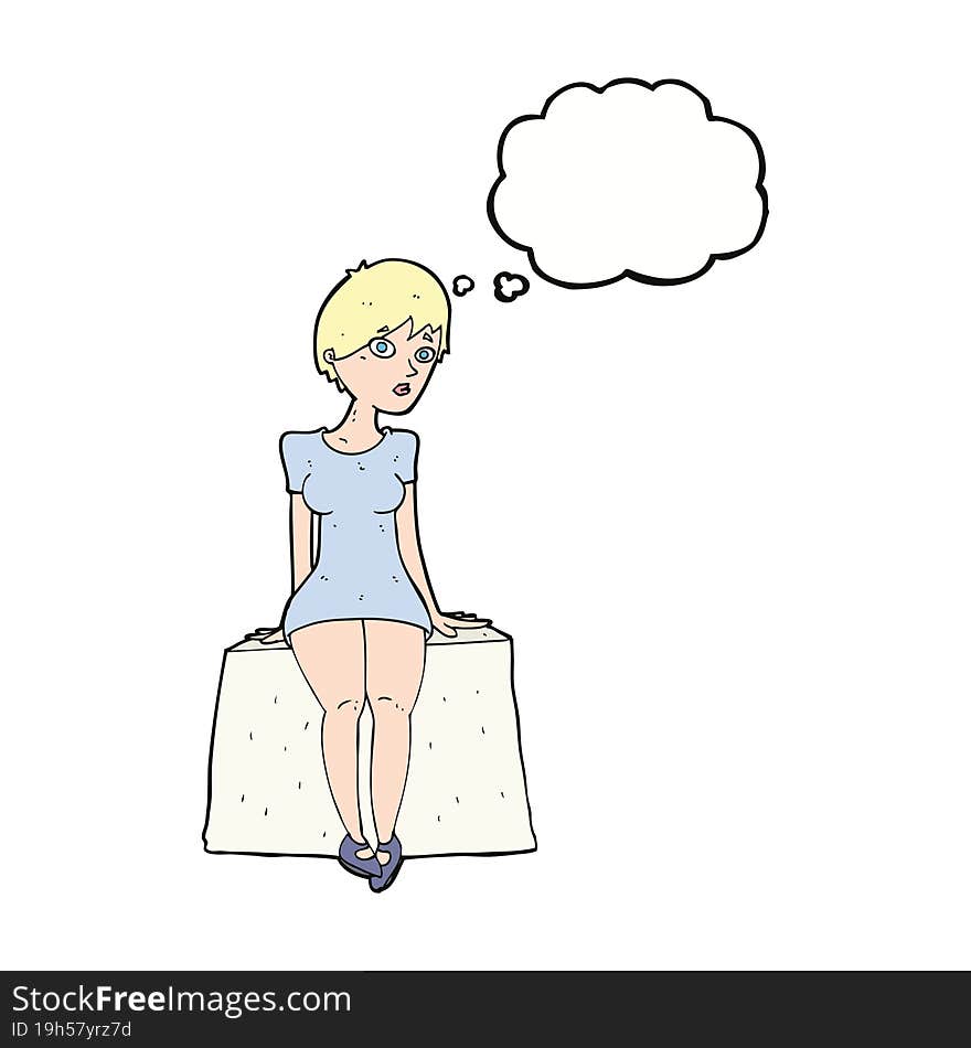 cartoon curious woman sitting with thought bubble