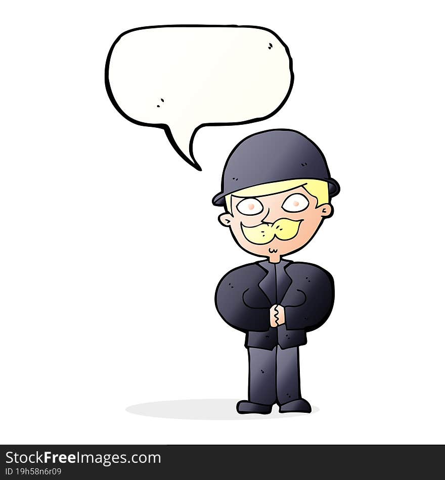 cartoon man in bowler hat with speech bubble