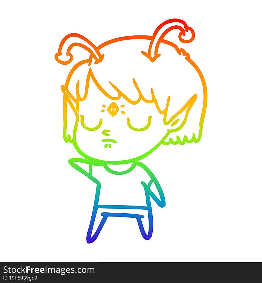 rainbow gradient line drawing of a cartoon alien girl