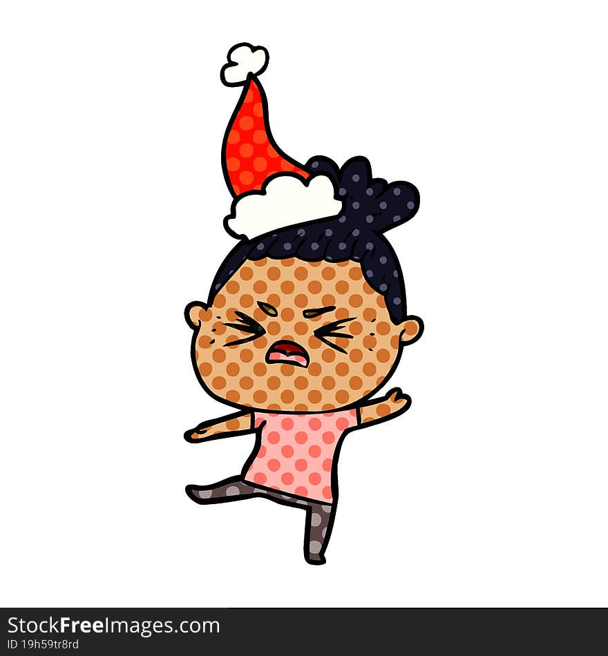 comic book style illustration of a angry woman wearing santa hat