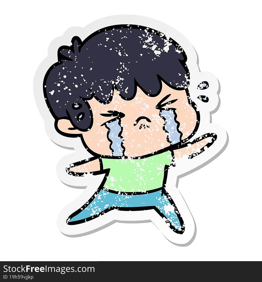 distressed sticker of a cartoon boy crying