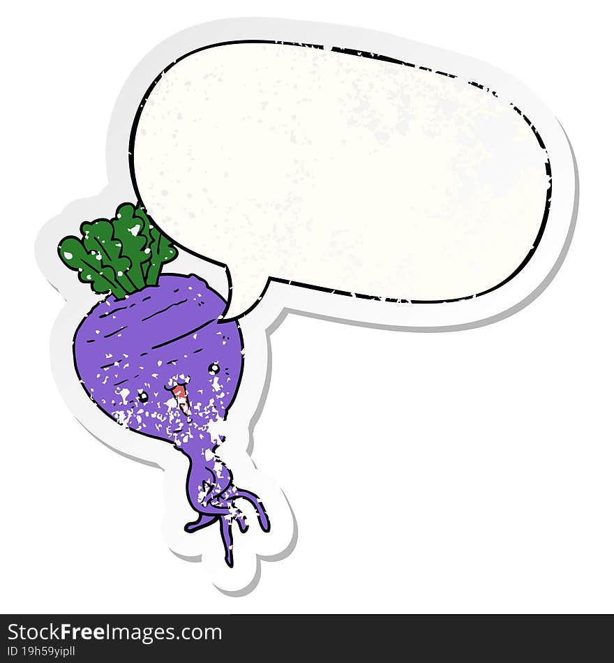 cartoon turnip with speech bubble distressed distressed old sticker. cartoon turnip with speech bubble distressed distressed old sticker