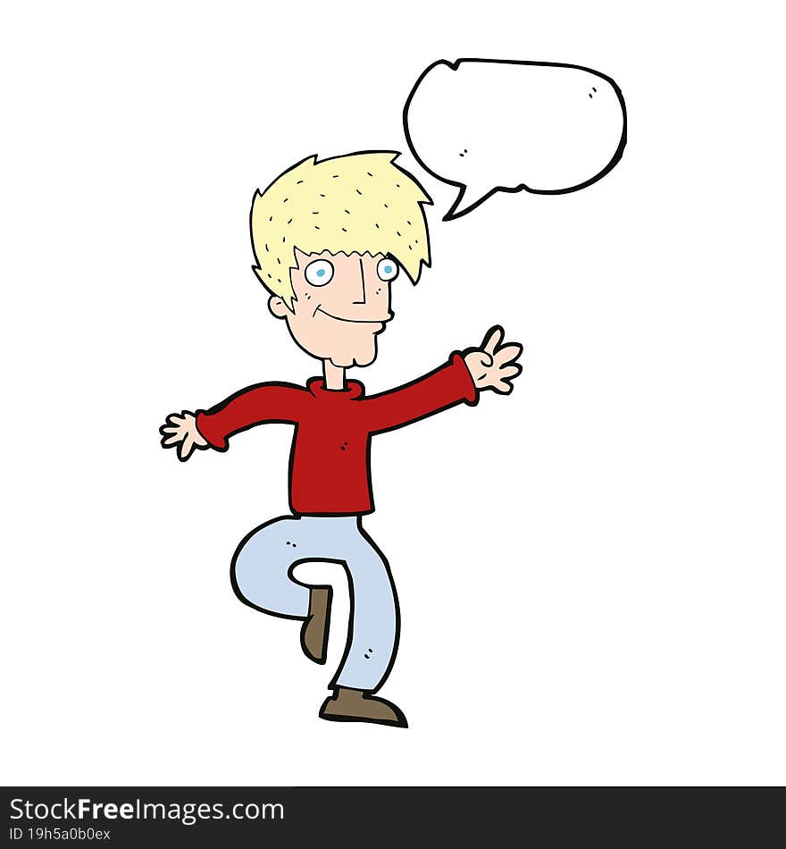 cartoon happy man dancing with speech bubble