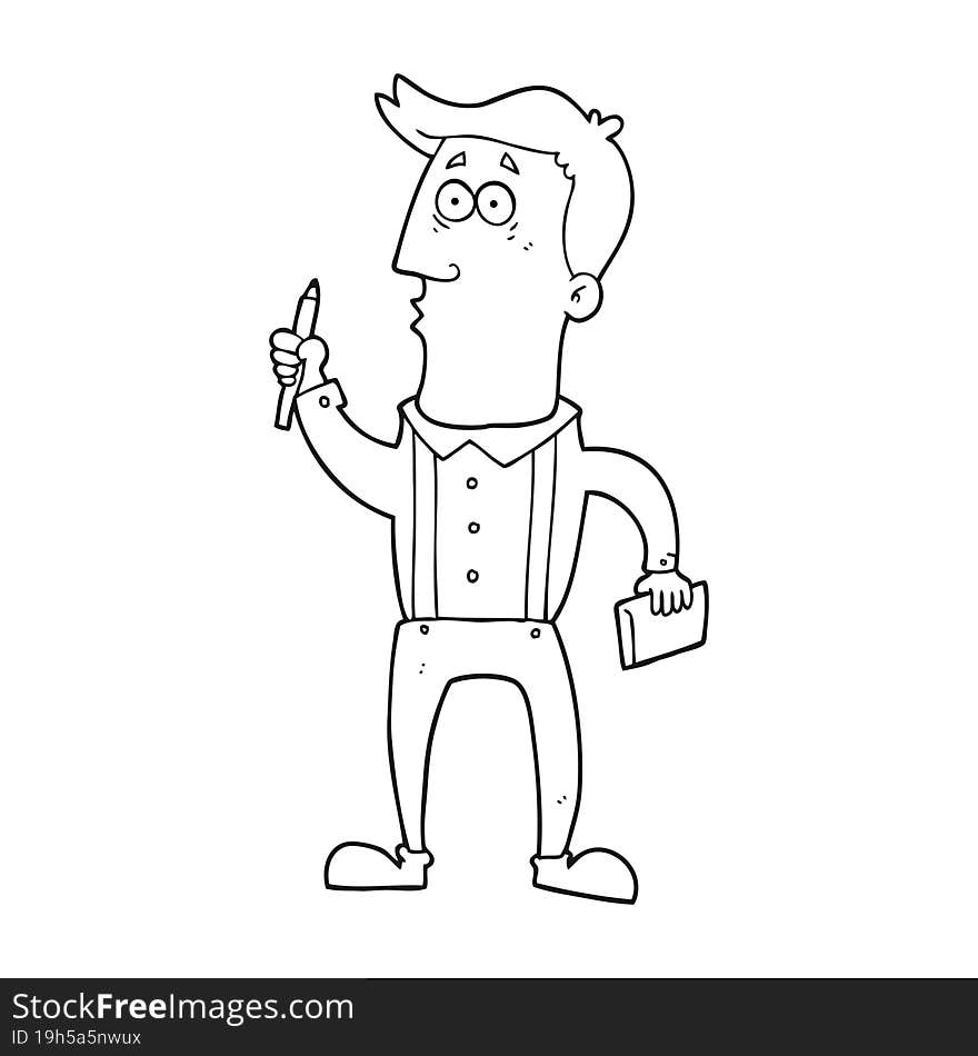 black and white cartoon man with notebook