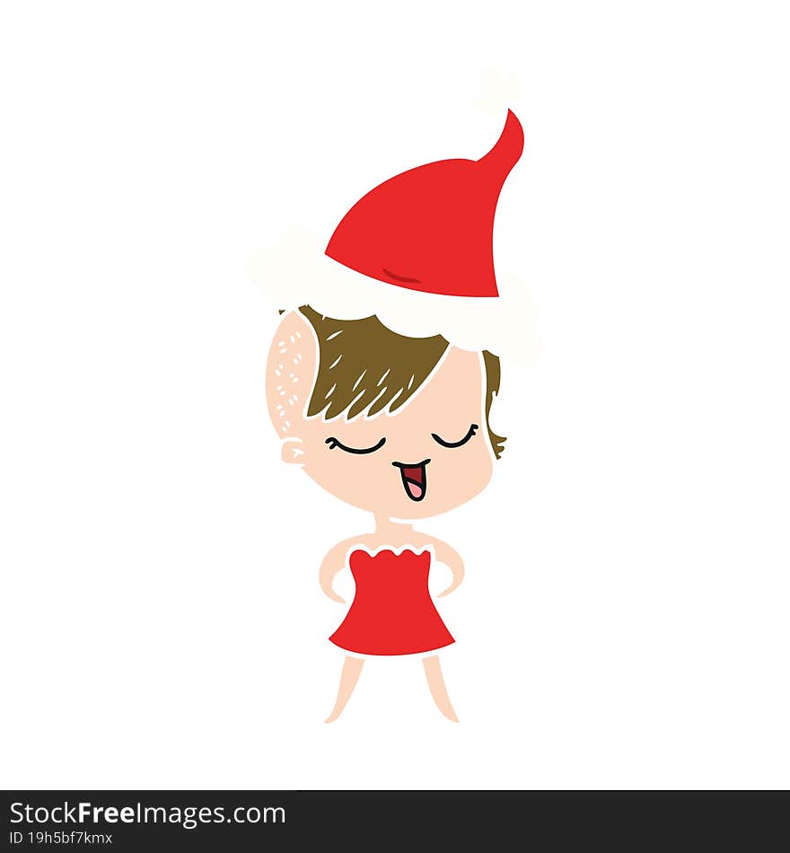 happy flat color illustration of a girl in cocktail dress wearing santa hat