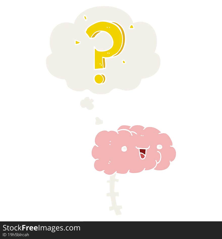 cartoon curious brain and thought bubble in retro style