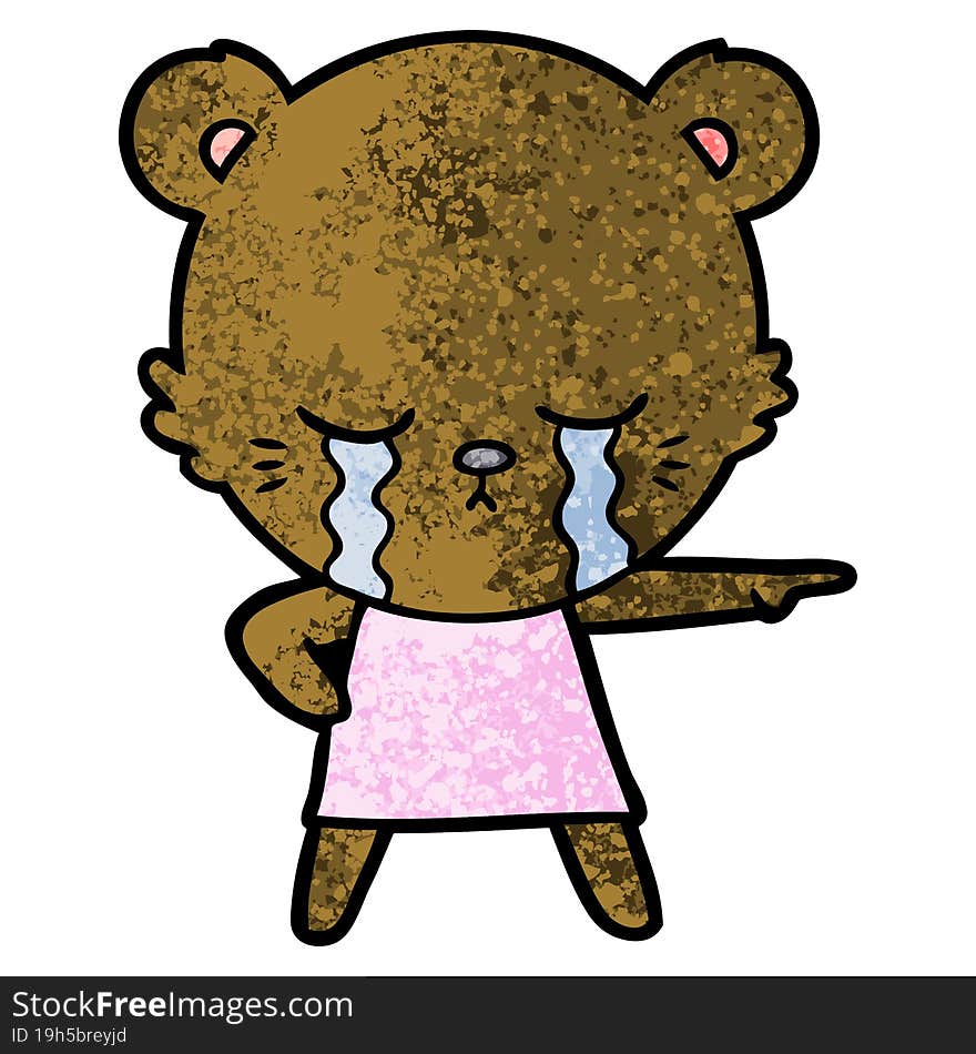 crying cartoon bear in dress pointing. crying cartoon bear in dress pointing