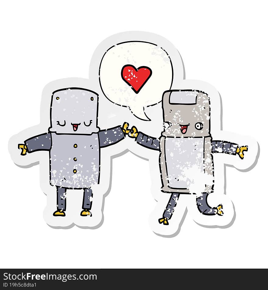 Cartoon Robots In Love And Speech Bubble Distressed Sticker