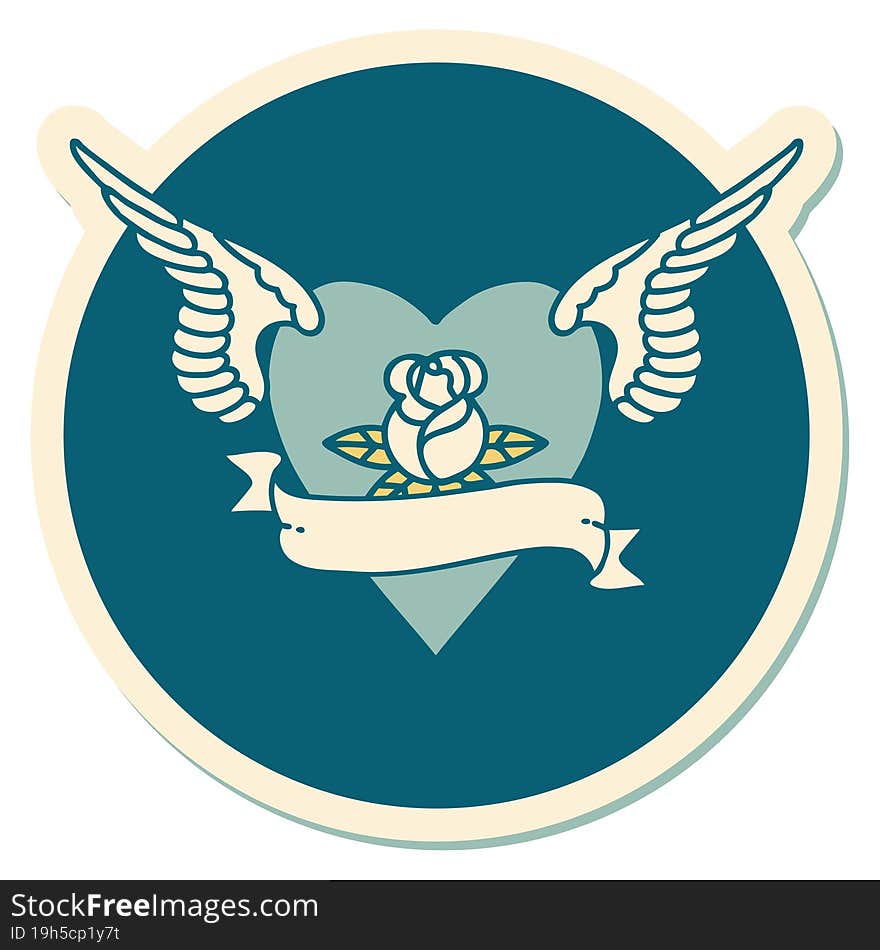 sticker of tattoo in traditional style of heart with wings a rose and banner. sticker of tattoo in traditional style of heart with wings a rose and banner