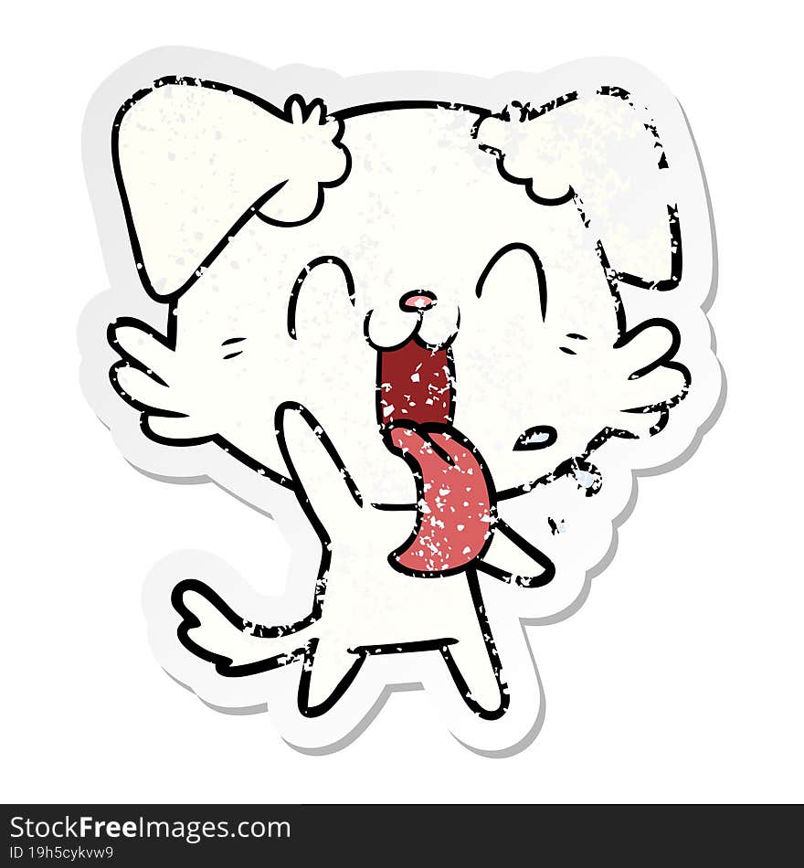 distressed sticker of a cartoon panting dog waving