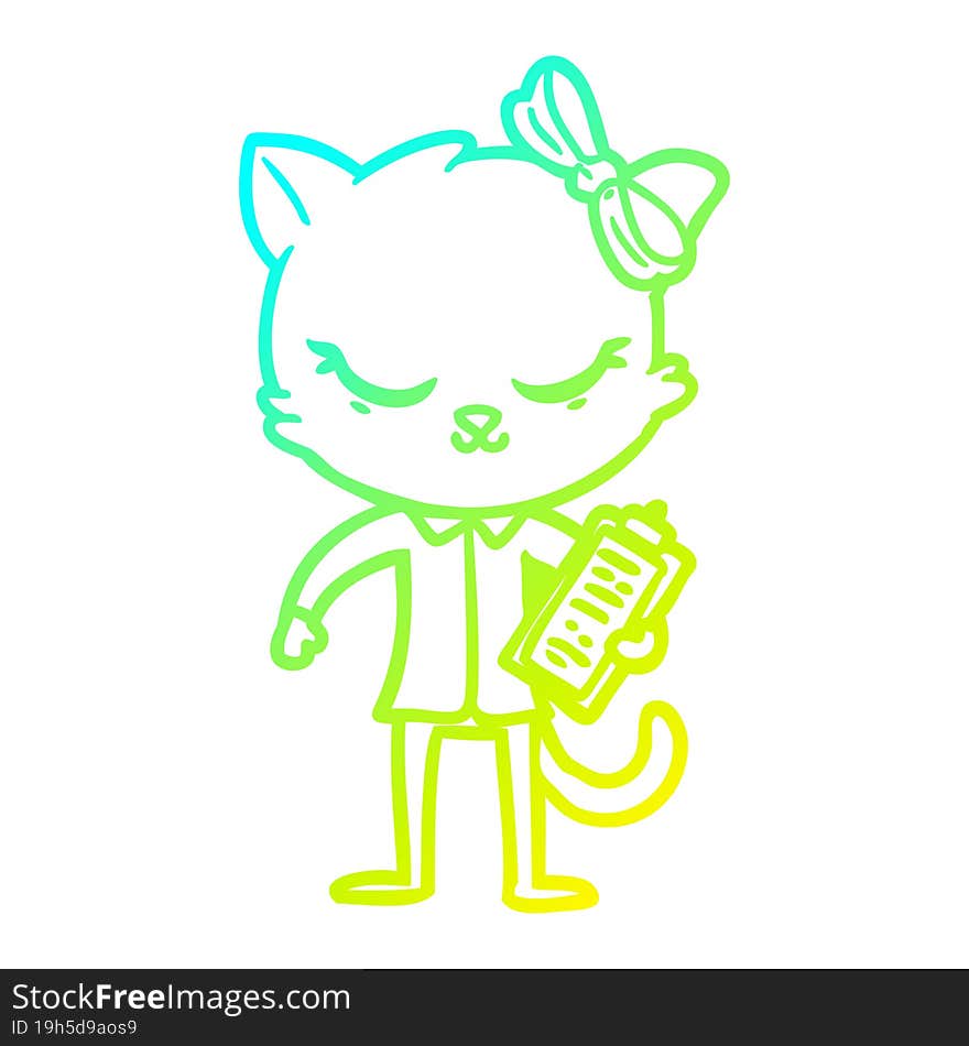 cold gradient line drawing of a cute cartoon business cat with bow