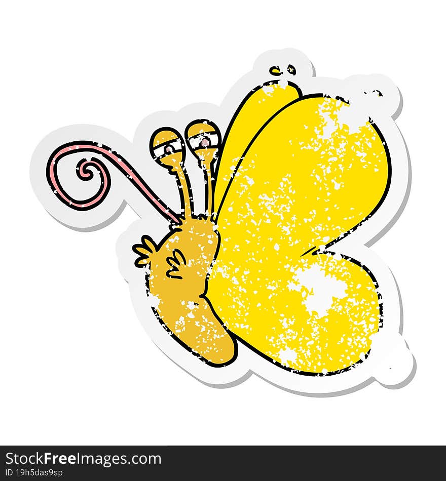 Distressed Sticker Of A Funny Cartoon Butterfly