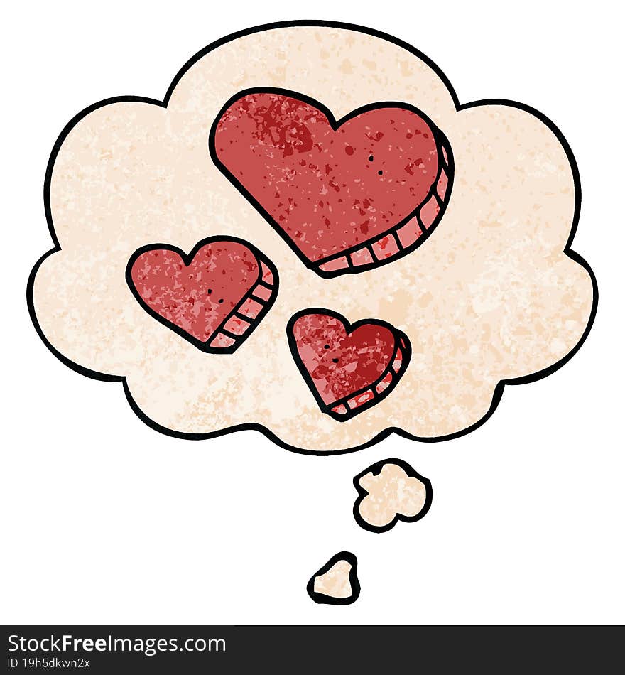 cartoon love hearts and thought bubble in grunge texture pattern style