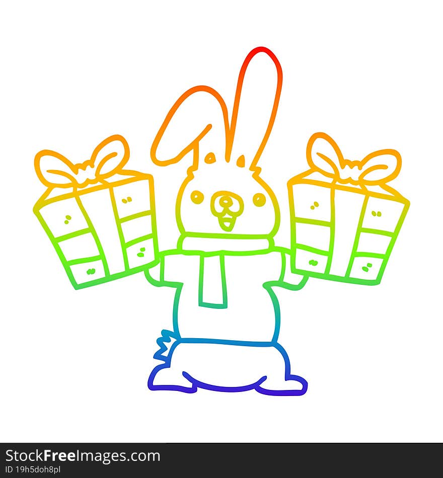 rainbow gradient line drawing cartoon rabbit with christmas presents