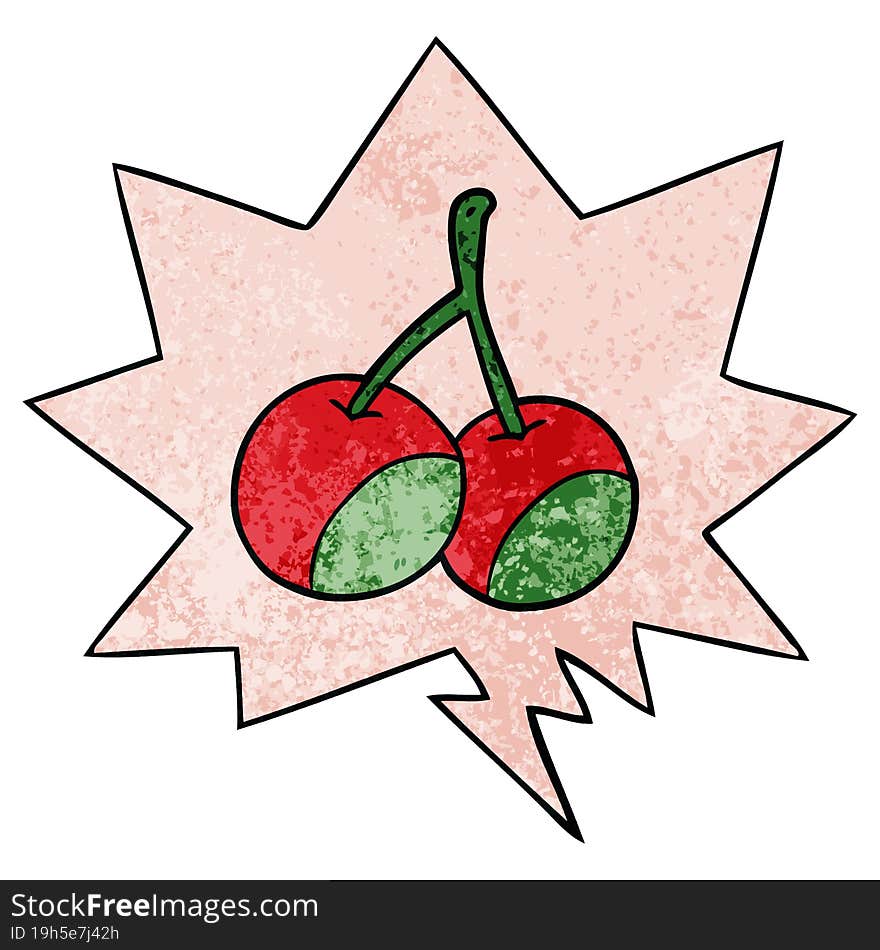 Cartoon Cherries And Speech Bubble In Retro Texture Style