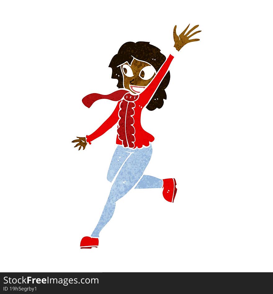 cartoon woman waving dressed for winter