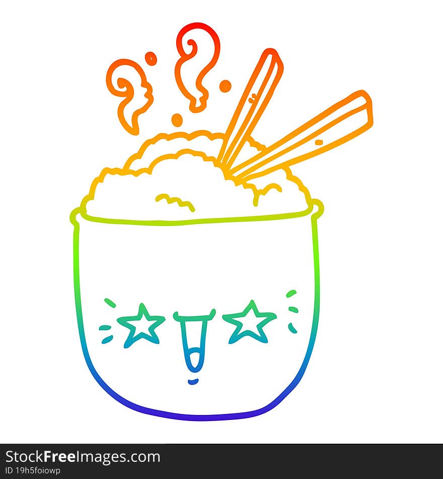 rainbow gradient line drawing of a cartoon rice bowl with face