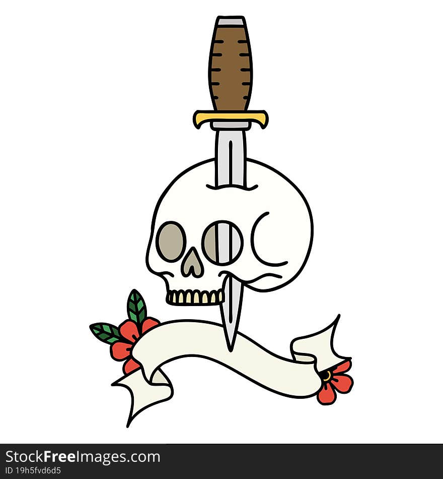 tattoo with banner of a skull and dagger