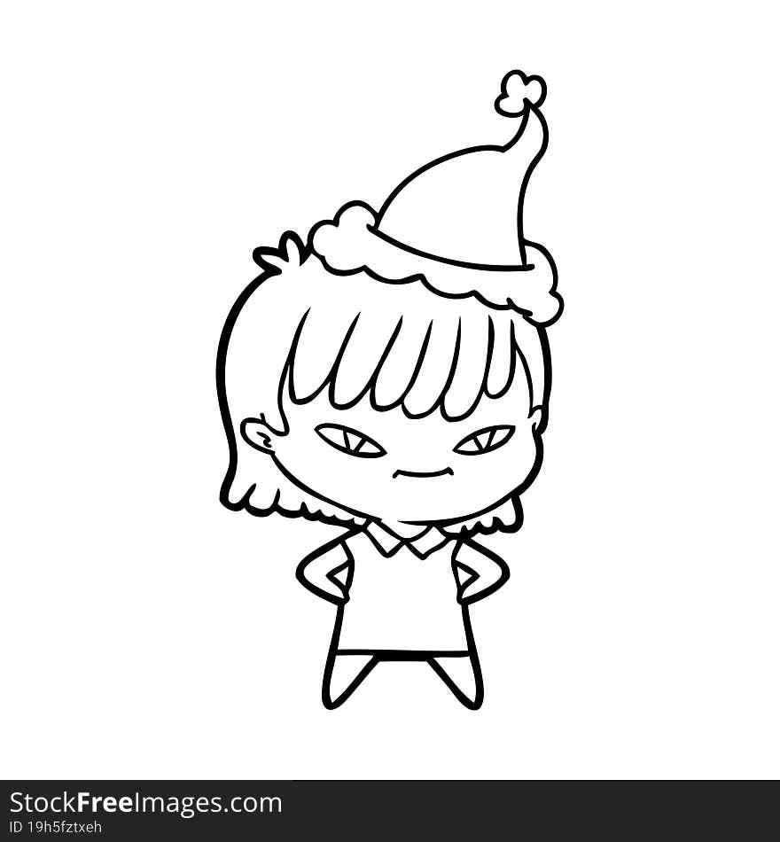 hand drawn line drawing of a woman wearing santa hat