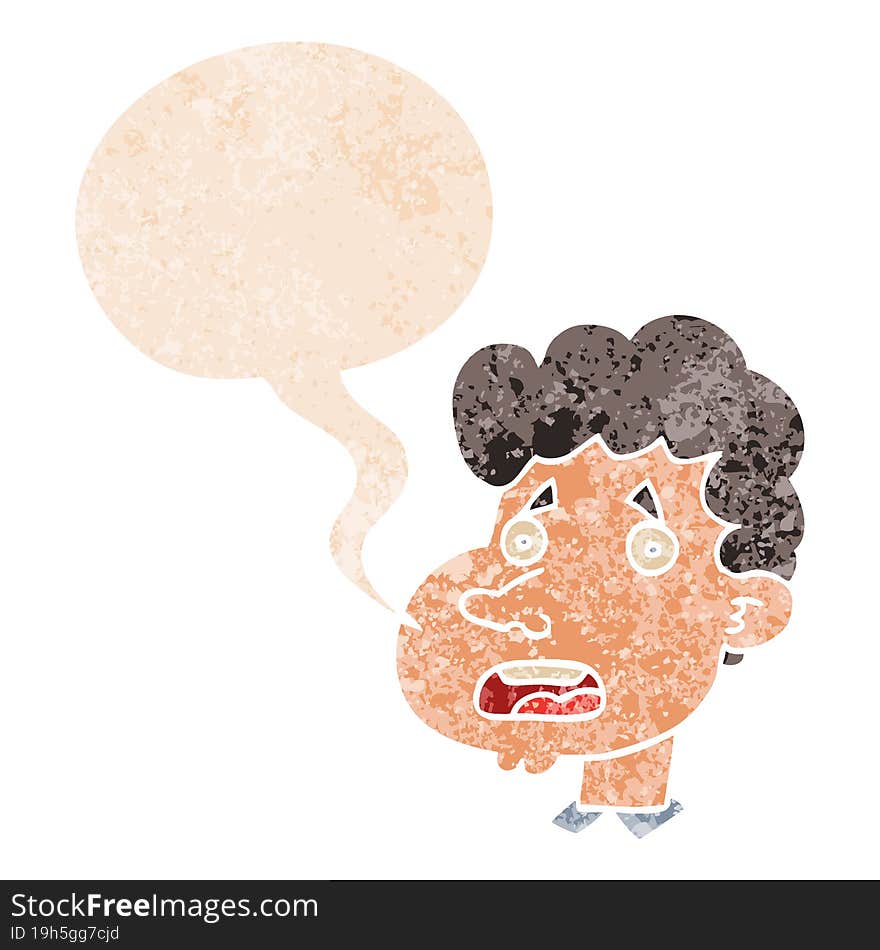 cartoon shocked man and speech bubble in retro textured style