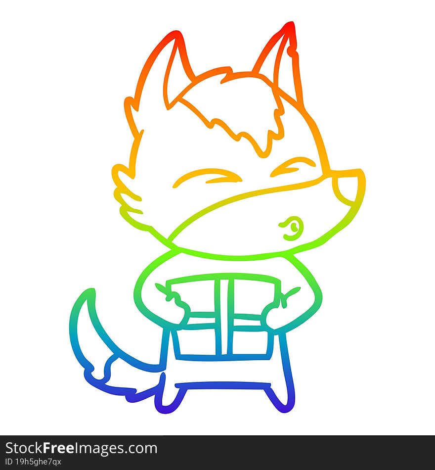 Rainbow Gradient Line Drawing Cartoon Christmas Wolf Whistling