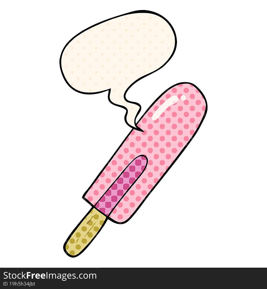 cartoon ice lolly and speech bubble in comic book style