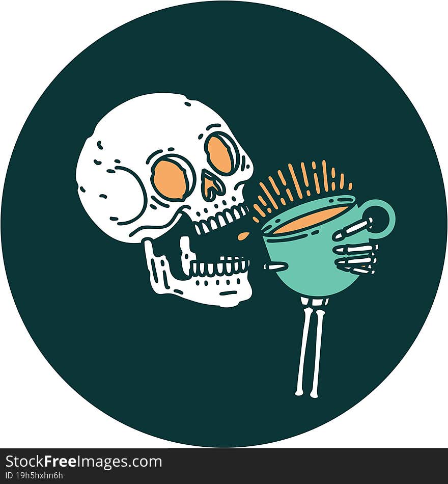 tattoo style icon of a skull drinking coffee