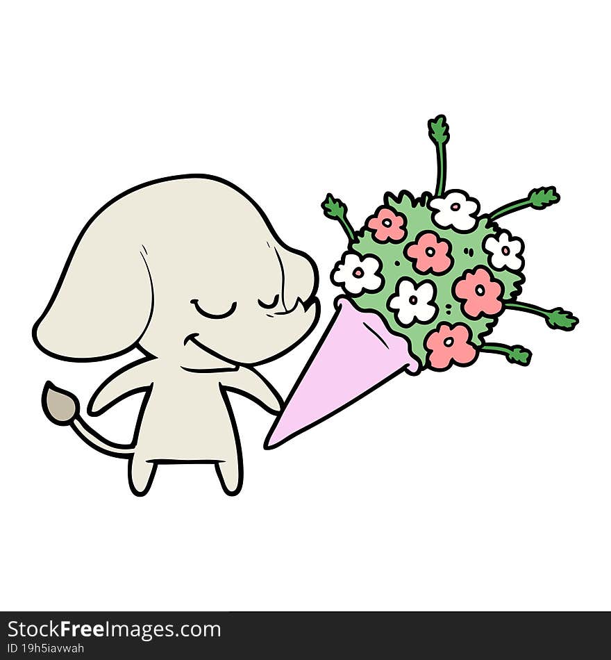 cartoon smiling elephant with flowers. cartoon smiling elephant with flowers