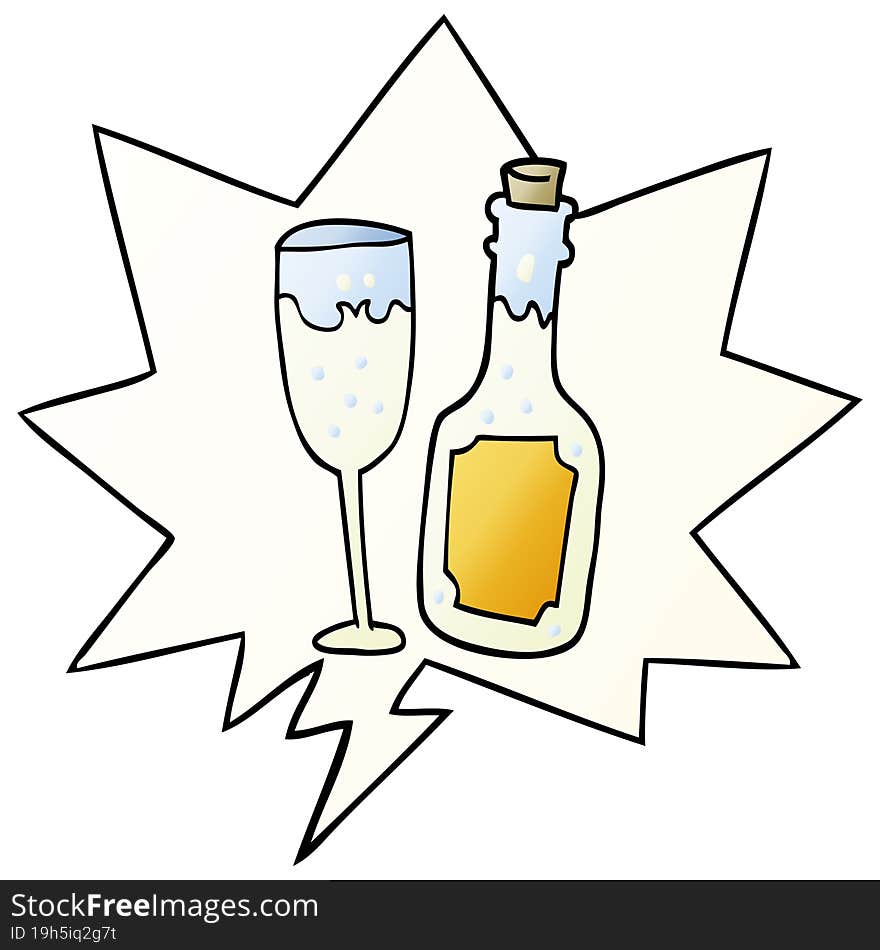 cartoon champagne bottle and glass and speech bubble in smooth gradient style