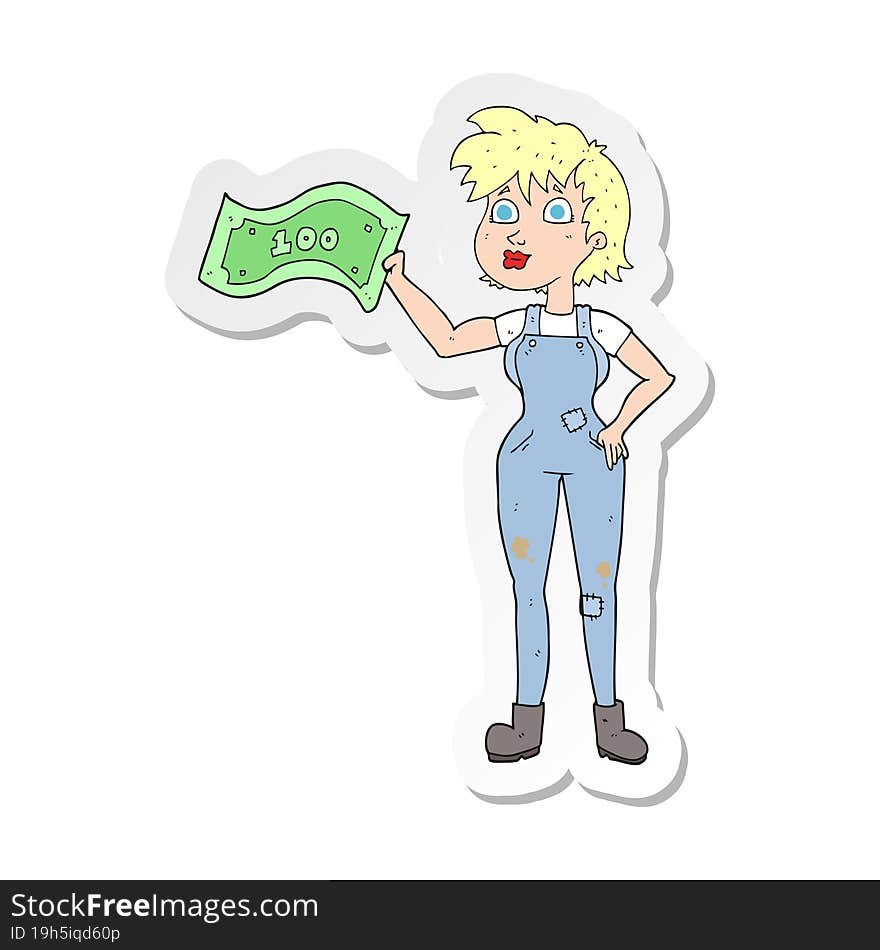 Sticker Of A Cartoon Confident Farmer Woman With Money