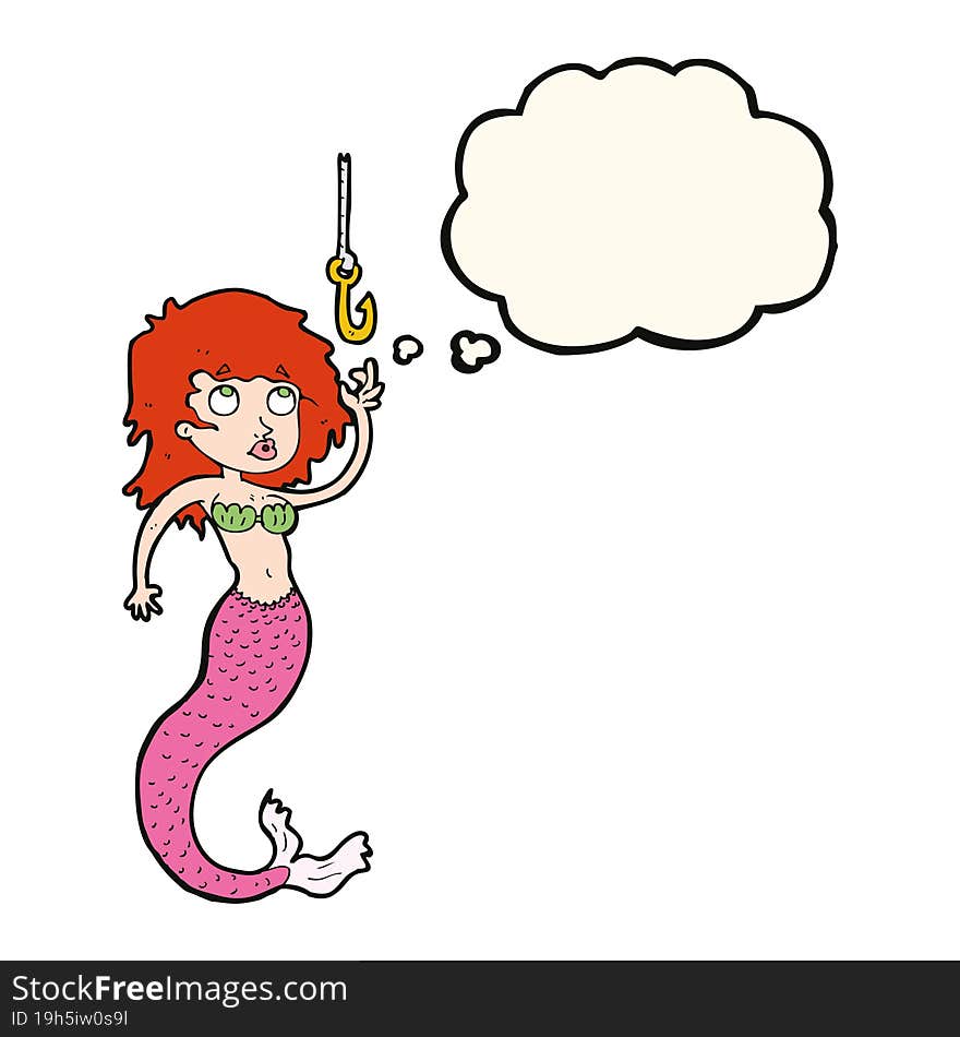 cartoon mermaid and fish hook with thought bubble