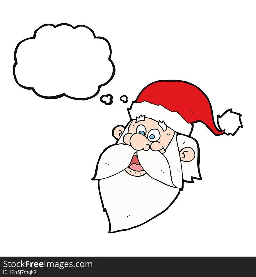 cartoon jolly santa claus face with thought bubble