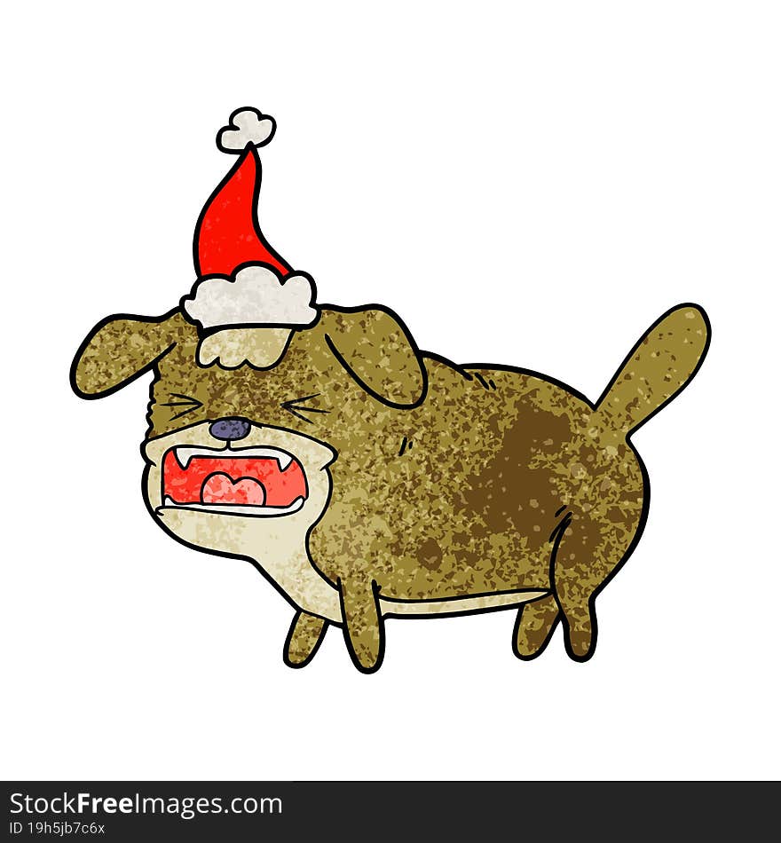 textured cartoon of a dog barking wearing santa hat