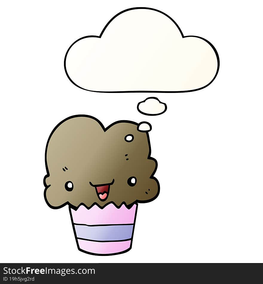 cartoon cupcake with face and thought bubble in smooth gradient style