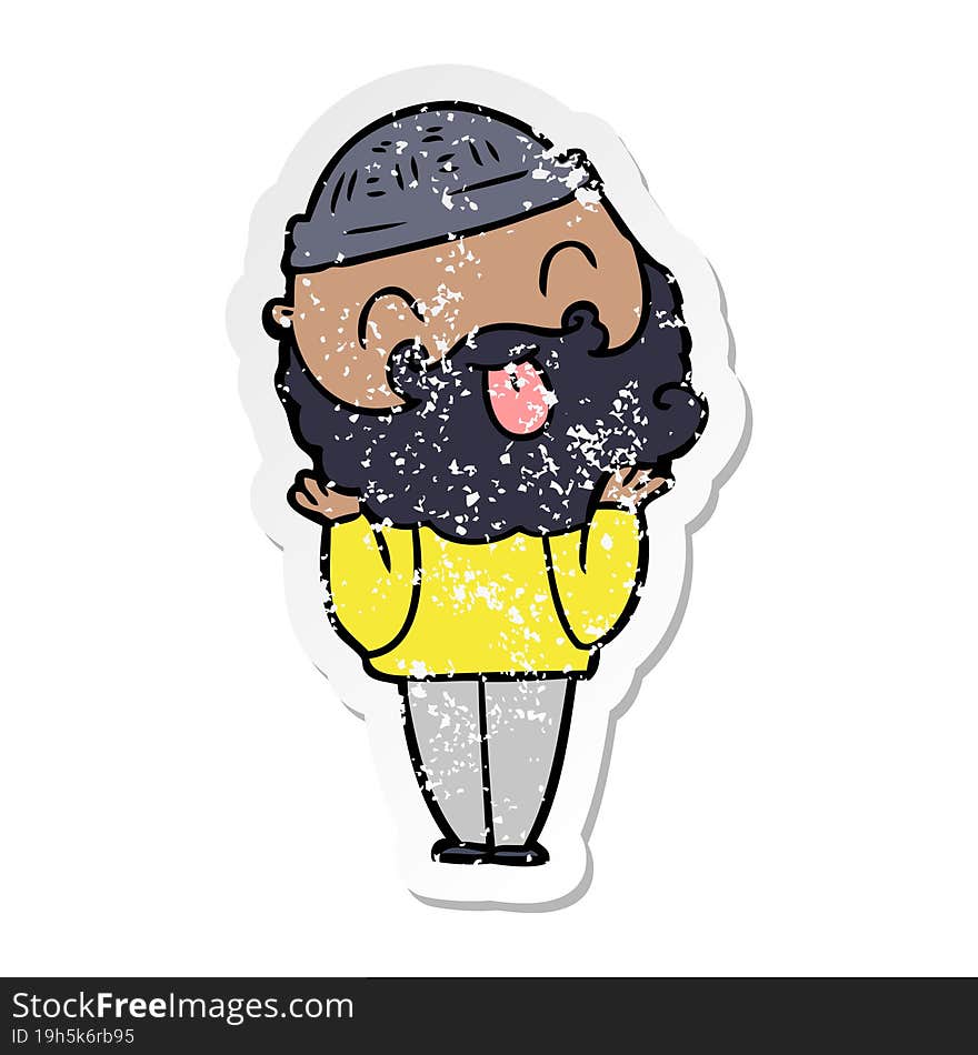 distressed sticker of a man with beard sticking out tongue