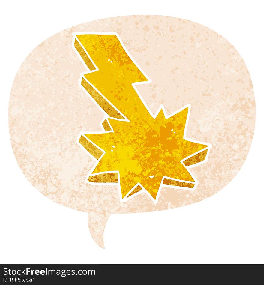 cartoon lightning strike and speech bubble in retro textured style